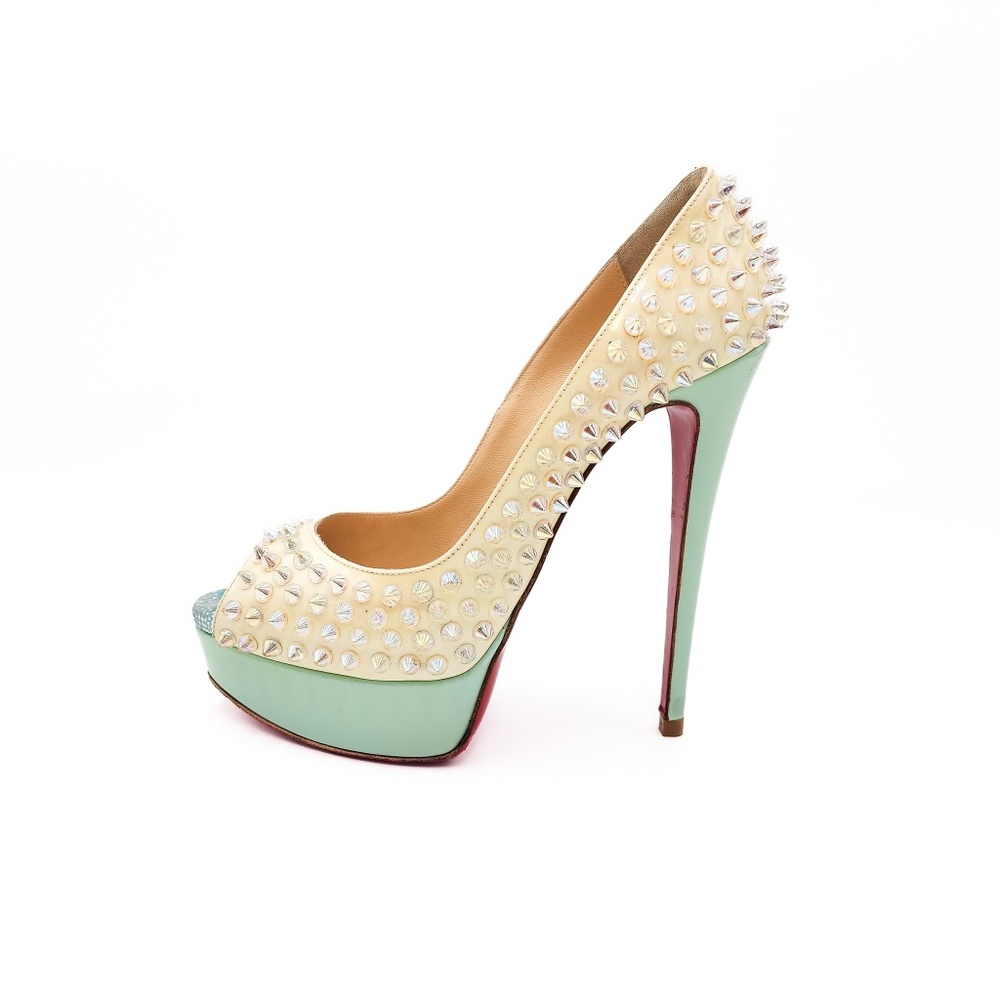 Christian Louboutin Off White Spiked Platform Peep-Toe Pumps Heels EU 37 - Picture 3 of 9